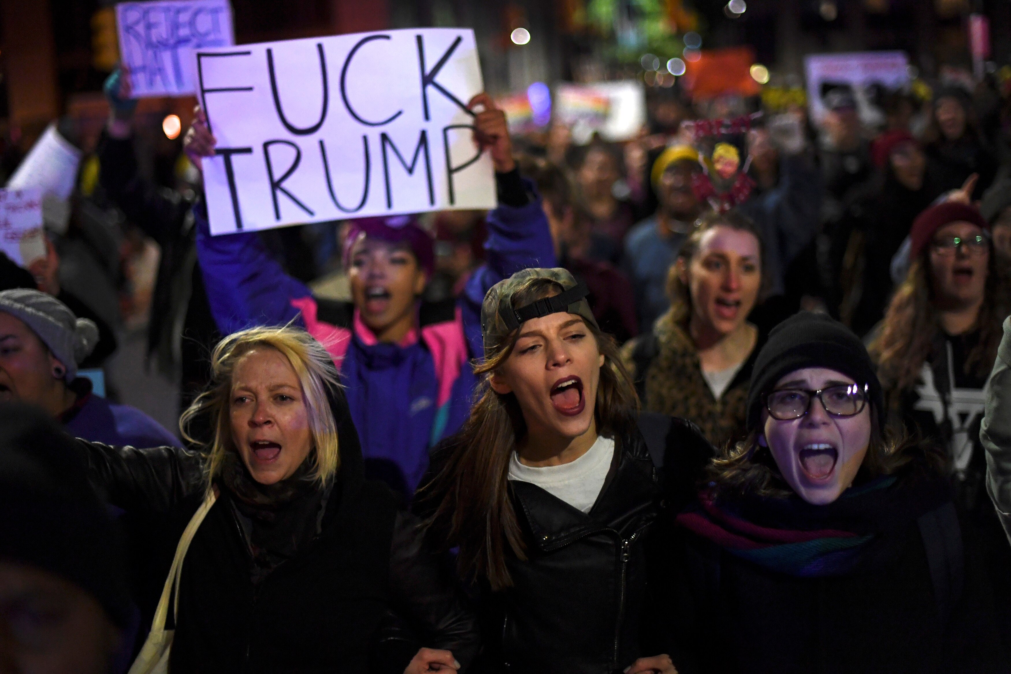 Demonstrators protest in response to the election of Republican Donald Trump.