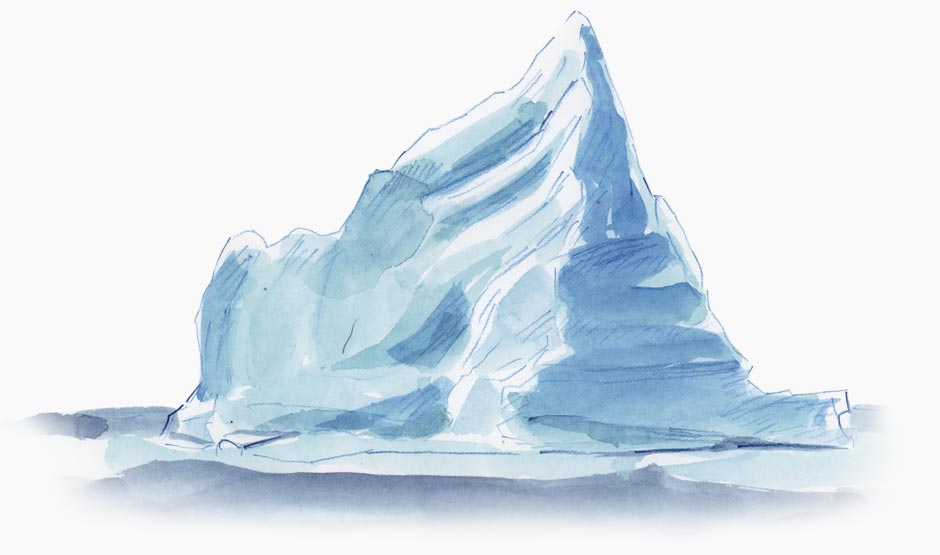 Tip of an iceberg floating in water.