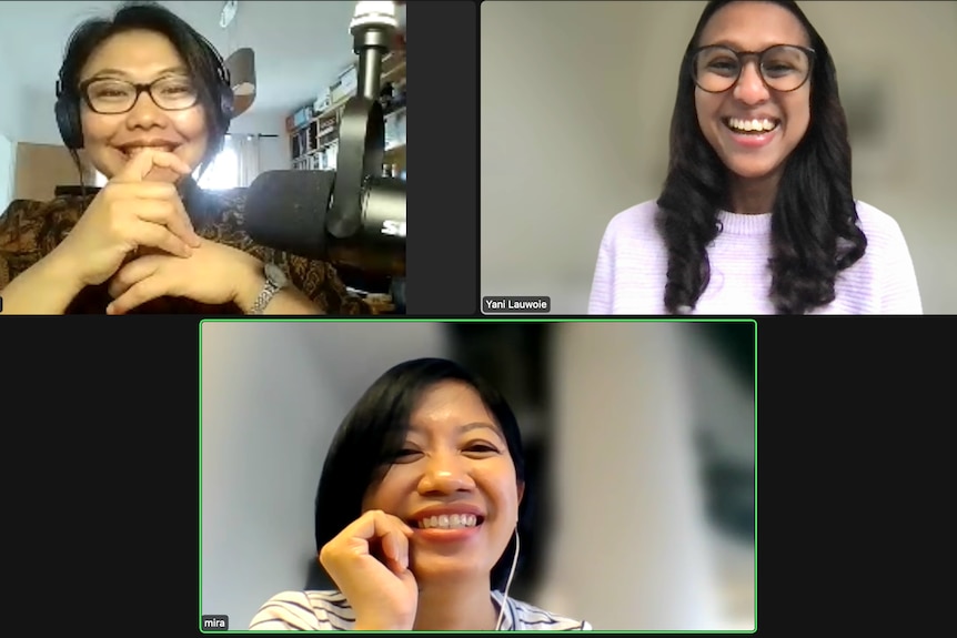 Screenshot of a Zoom call between three Indonesian women.