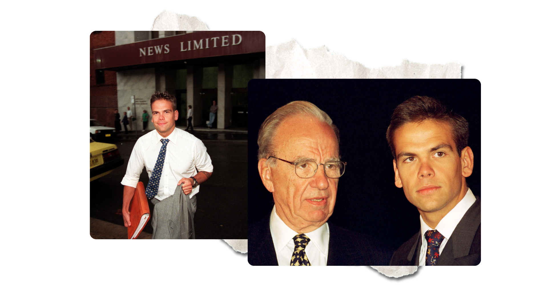 Composite image Lachlan Murdoch in shirt and tie holding business jacket and Lachlan with father Rupert Murdoch, both in suits