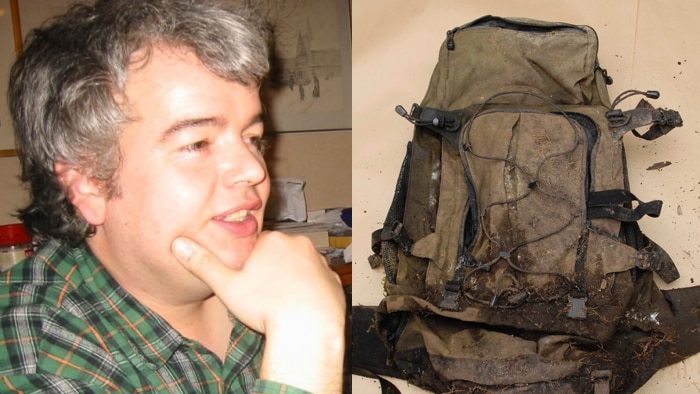 Thomas Münger and the backpack found with his remains near the Tahune Airwalk, 2017.