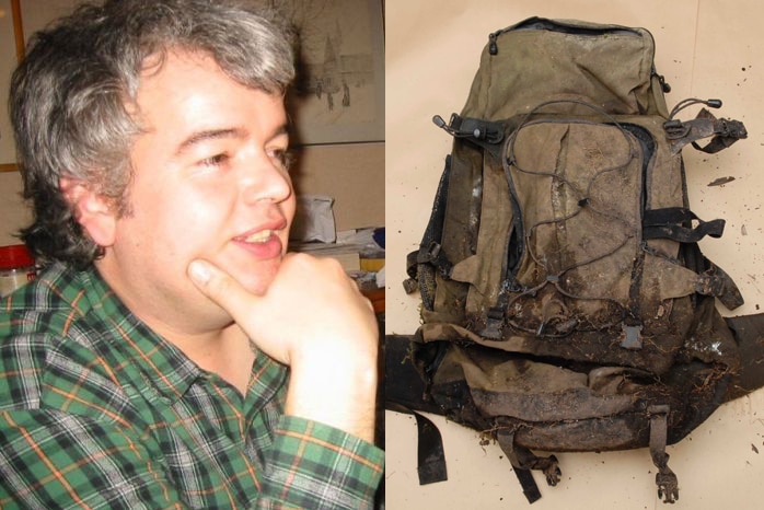 Thomas Münger and the backpack found with his remains near the Tahune Airwalk, 2017.