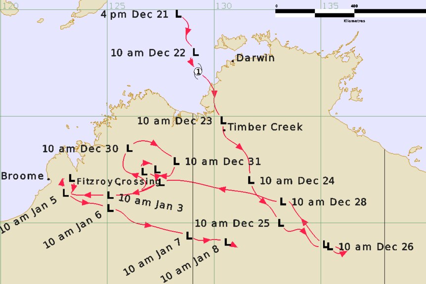 A weather map of Western Australia with a red line showing the path of an ex tropical cyclone
