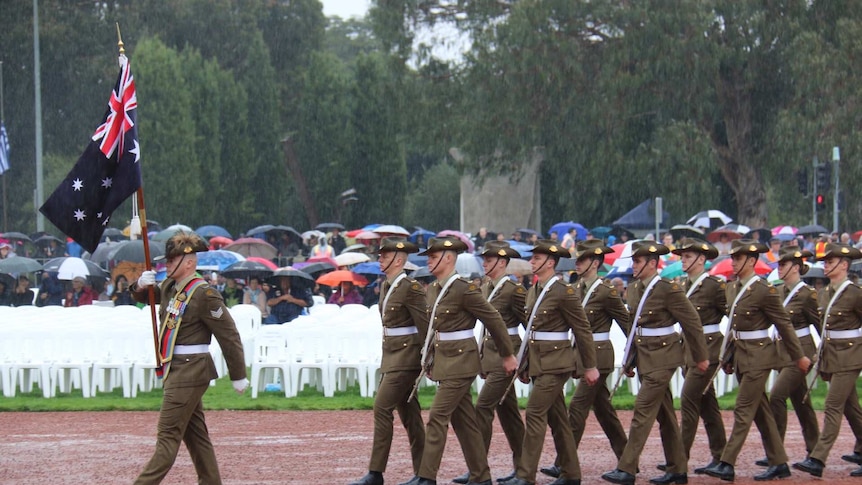 Soldiers march at the Anzac Day national ceremony in Canberra