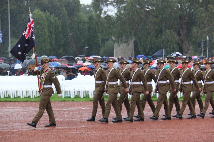 Soldiers march at the Anzac Day national ceremony in Canberra