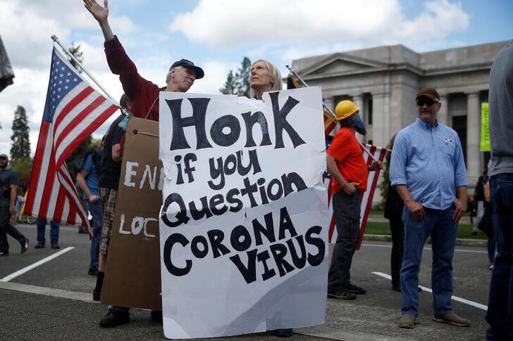 A protester holding a sign reading "Honk if you question coronavirus"