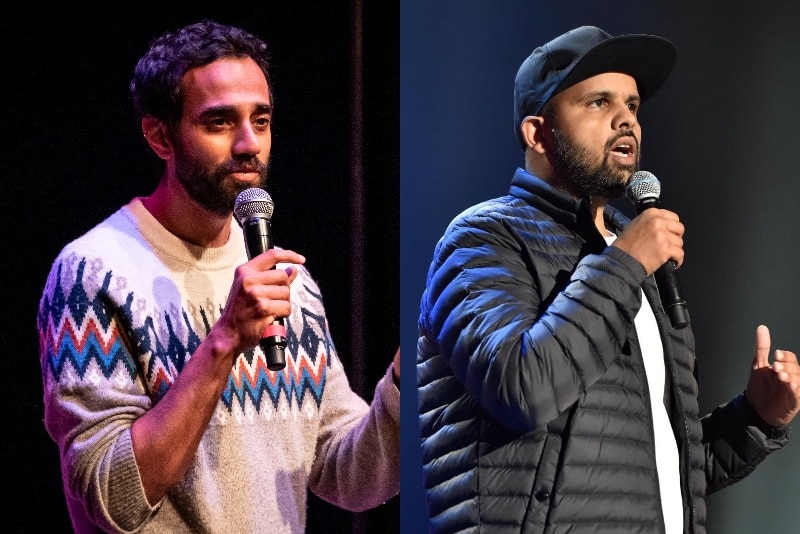 A composite image of two men holding microphones speaking at a stand-up comedy show