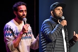 A composite image of two men holding microphones speaking at a stand-up comedy show