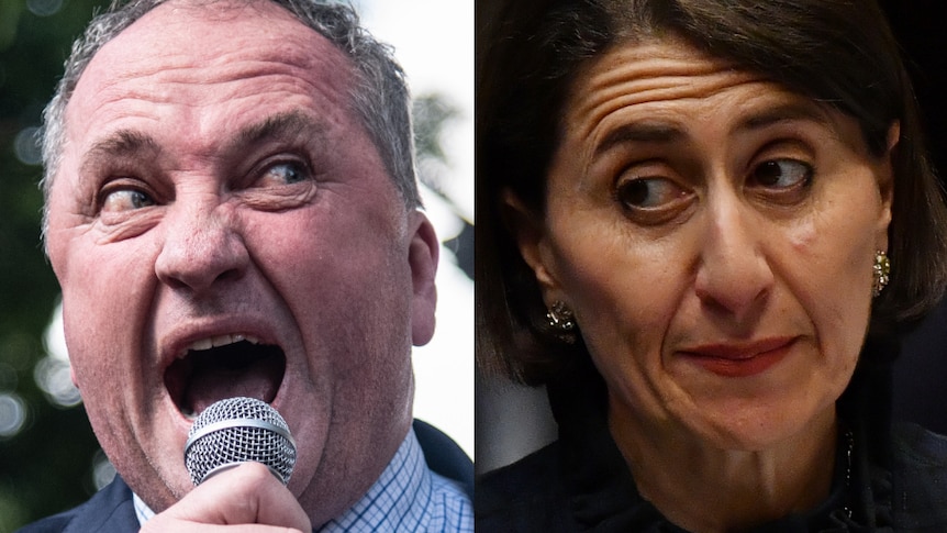 Federal MP Barnaby Joyce yelling, and the Premier looking unimpressed