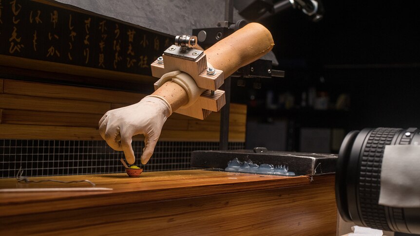 Colour photograph of an arm reaching towards a small bowl on the set of stop-motion animation Isle of Dogs.