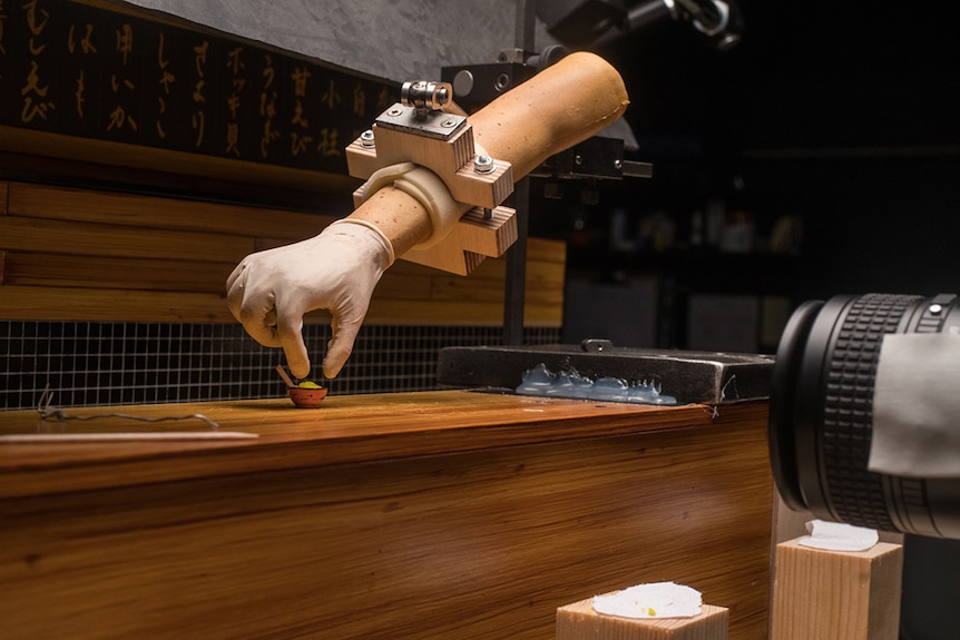 Colour photograph of an arm reaching towards a small bowl on the set of stop-motion animation Isle of Dogs.