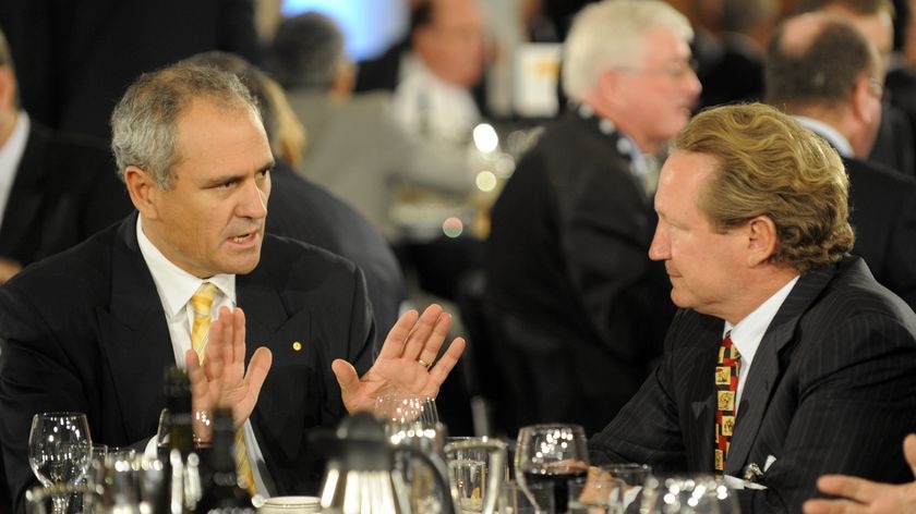 Ken Henry (left) speaks to Andrew Forrest