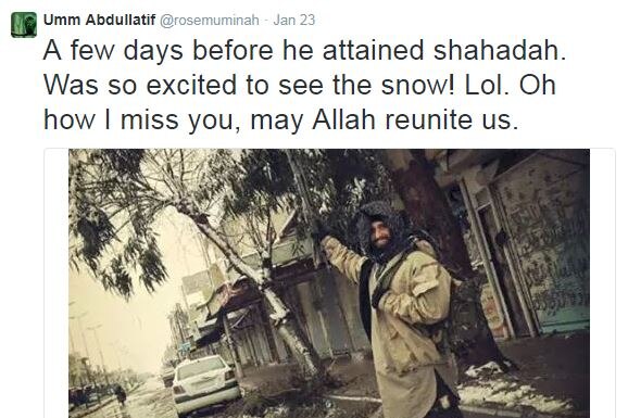 Tweet says 'A few days before he attained shahadah. Was so excited to see the snow! Lol. Oh how I miss you, may Allah reunite us