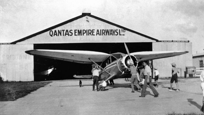 Archive B&W historic image of aircraft hangar for Qantas Empire Airways Ltd at unknown Qld location