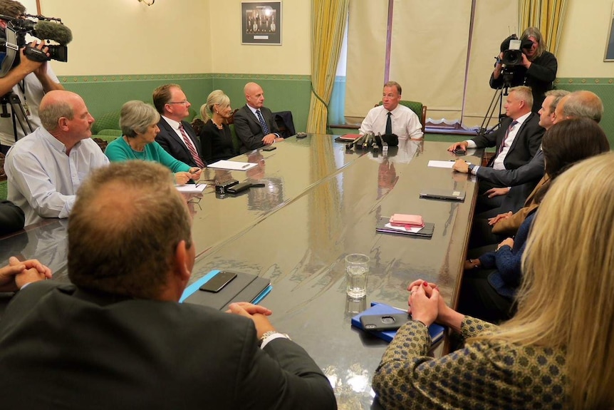 Will Hodgman leads a liberal party meeting.