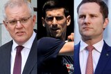 A composite image of Scott Morrison, Novak Djokovic and Alex Hawke