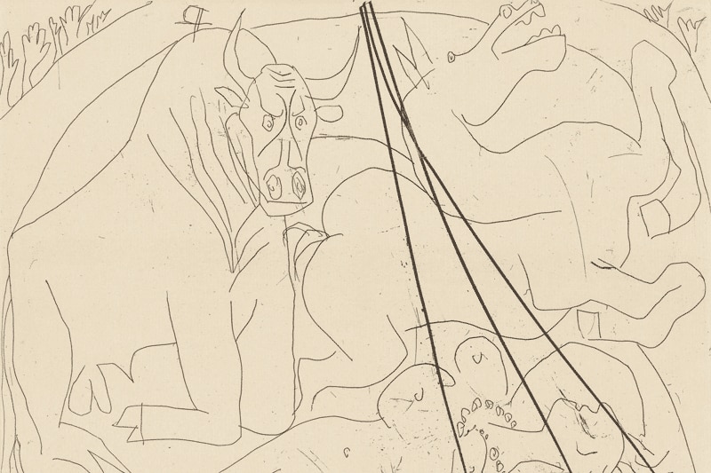 drawing of a bull and a naked woman