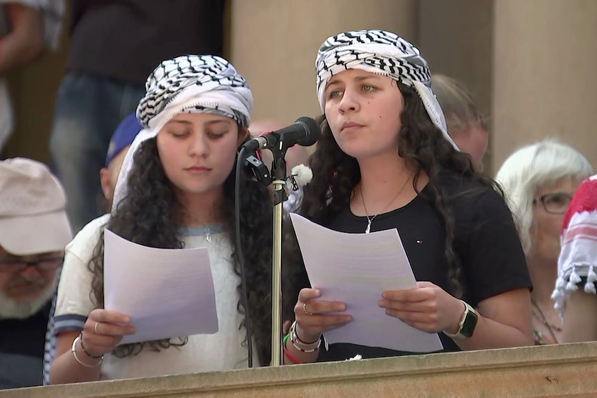 twin sister address the crowd at a pro-palestinian rally in sydney on saturday october 21 