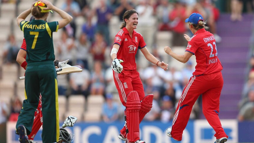 England's Lydia Greenway and Charlotte Edwards celebrate after sealing the Ashes series.