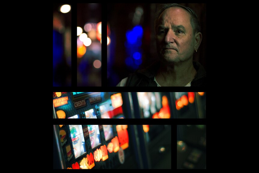 Two images broken into separate spaced-apart rectangles showing Rod in a colourfully lit alley, and poker machines.