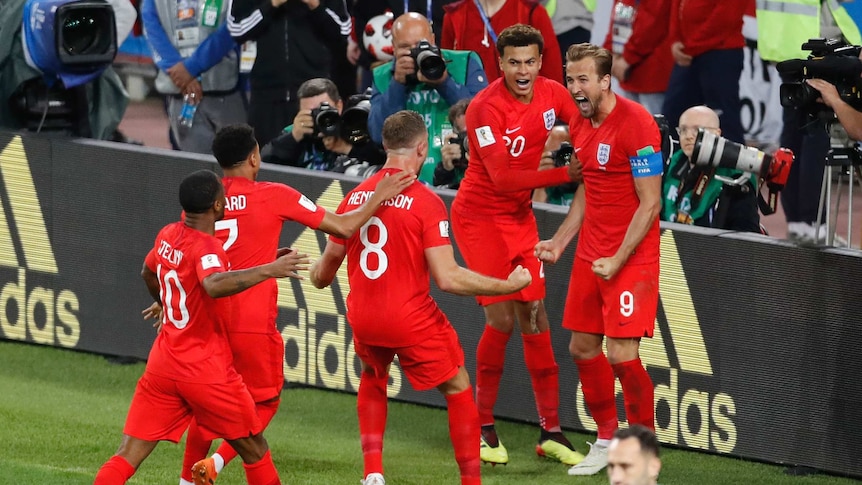 Harry Kane celebrates penalty goal against Colombia