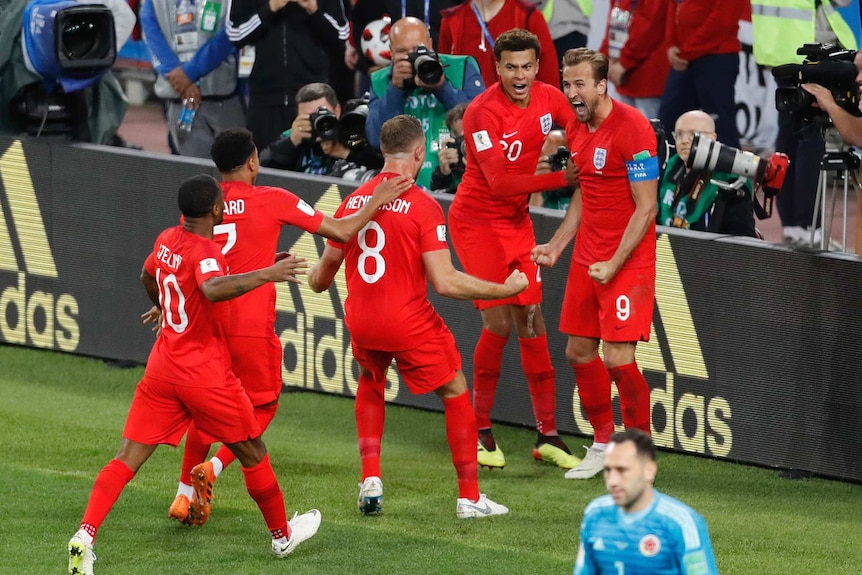 Harry Kane celebrates penalty goal against Colombia