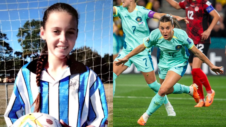 side by side photos of hayley raso as a child playing soccer and now playing for australia