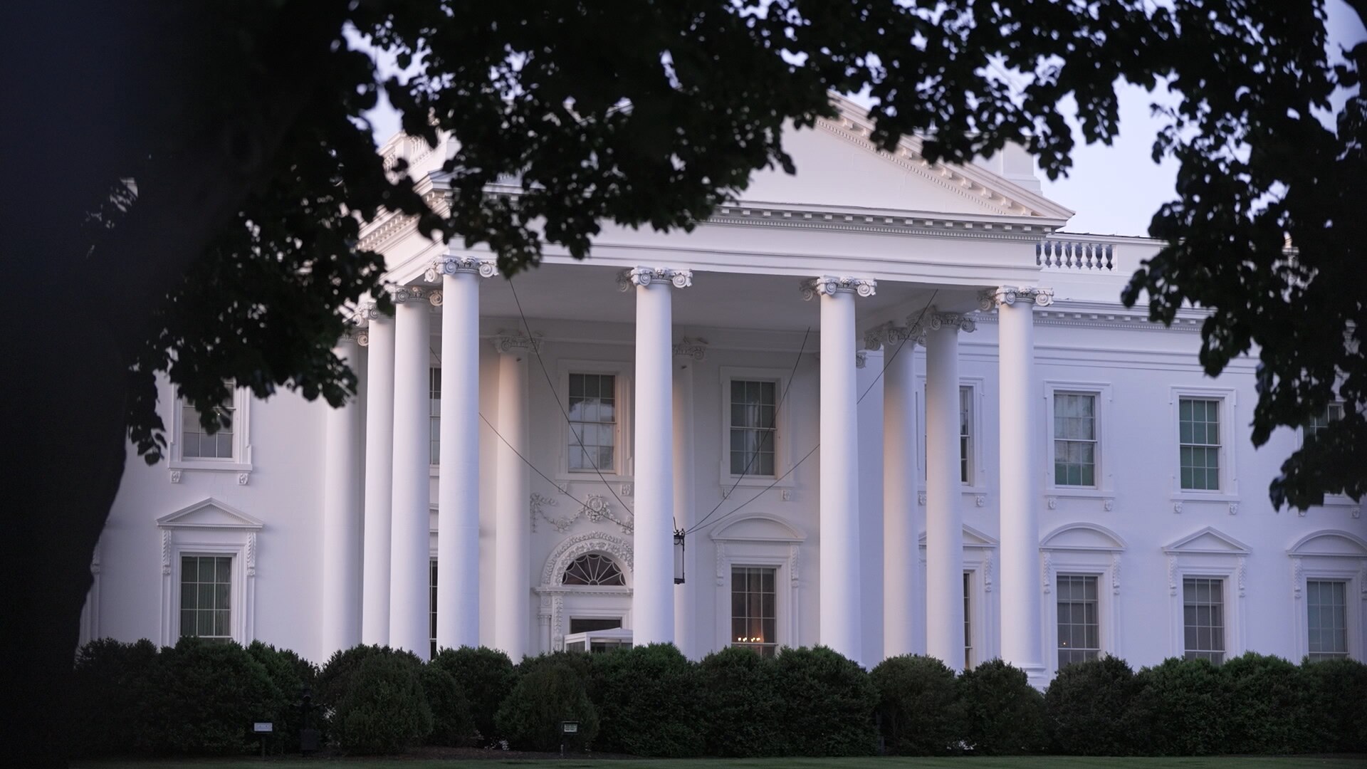 The White House is seen from a distance, framed by green hedges and leaves of trees.