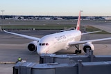 A Qantas plane on the tarmac at Perth Airport.