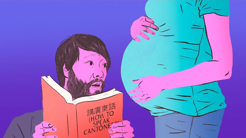 Lawrence Leung with a 'How to speak Cantonese' and pregnant belly depicting his attempt to raise a multilingual child.