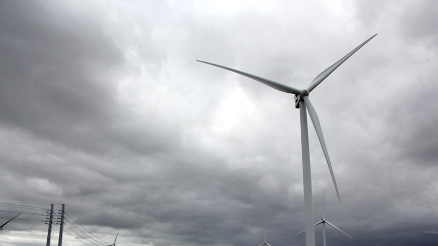 Wind turbines and power lines in a farming region in south west Victoria.