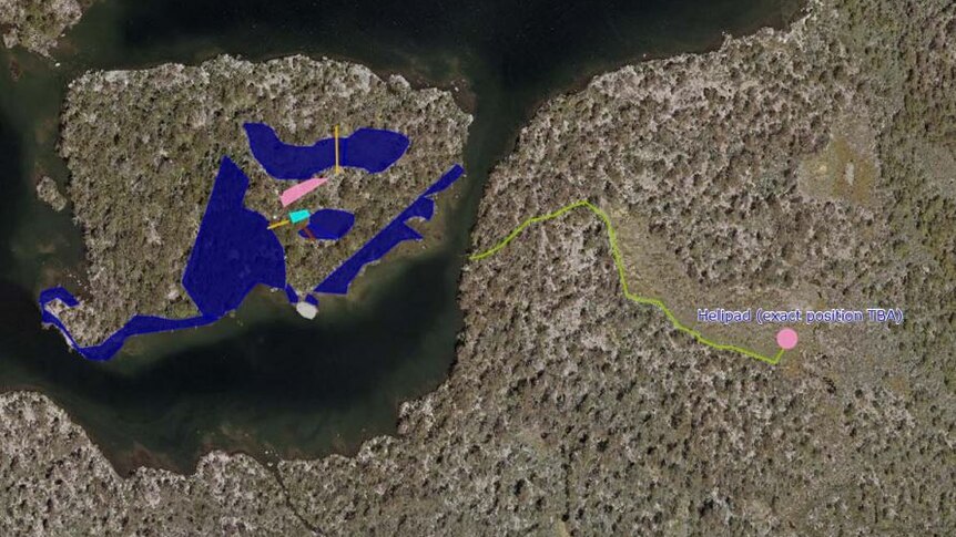 A map of the proposed camp at Halls Island, Lake Malbena.