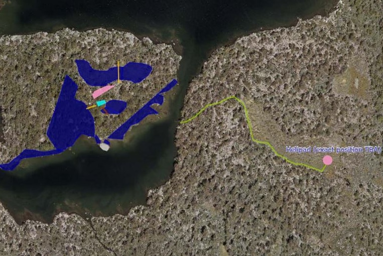 A map of the proposed camp at Halls Island, Lake Malbena.