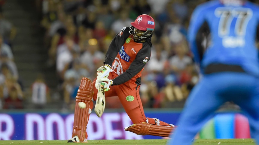 Melbourne Renegades' Chris Gayle hits a six in Big Bash League game against Adelaide Strikers.