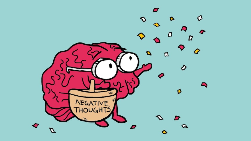 Illustration of a brain throwing negative thoughts from basket into the air to depict why we get negative thoughts before bed.