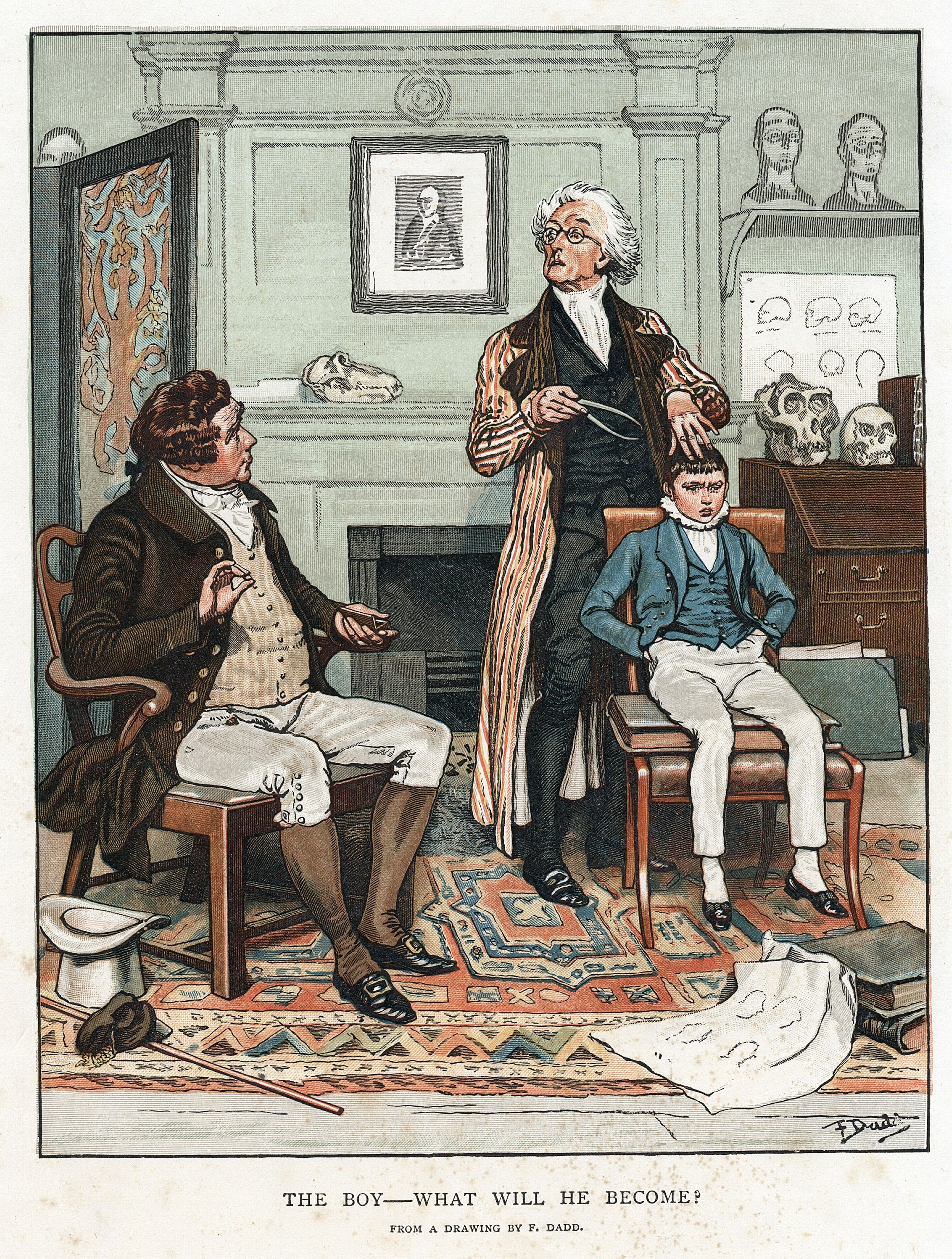 An 1800s illustration of a man in a coat measuring a young boy's head as his father watches, all dressed in fine clothes