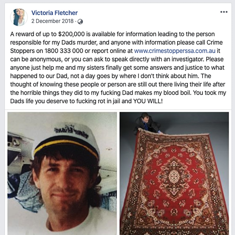 Victoria Fletcher's Facebook post from December 2018 explaining how much she would like to have her dad's case closed.