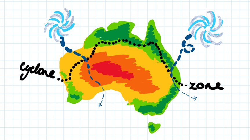 hand drawn picture of Australia with cyclone zone marked roughly along the coast north of Geraldton WA and Bundaberg Qld