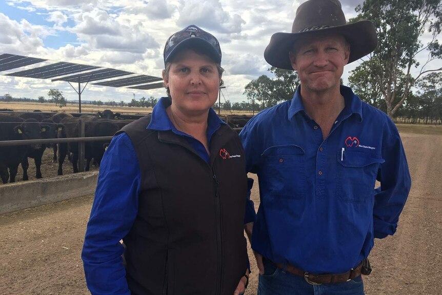 Chantal and Anthony Winter stands next to a yard with some of their Wagyu cattle.
