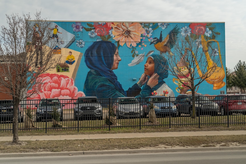 Mural in Dearborn, Michigan shows two women in headscarves