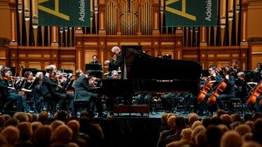 Behzod Abduraimov at the piano with the Adelaide Symphony Orchestra, performing at the Adelaide Town Hall.