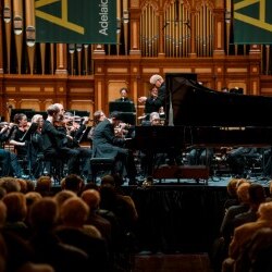 Behzod Abduraimov at the piano with the Adelaide Symphony Orchestra, performing at the Adelaide Town Hall.
