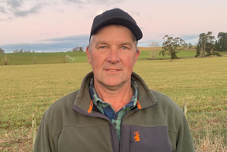 man standing in paddock with pink sunrise