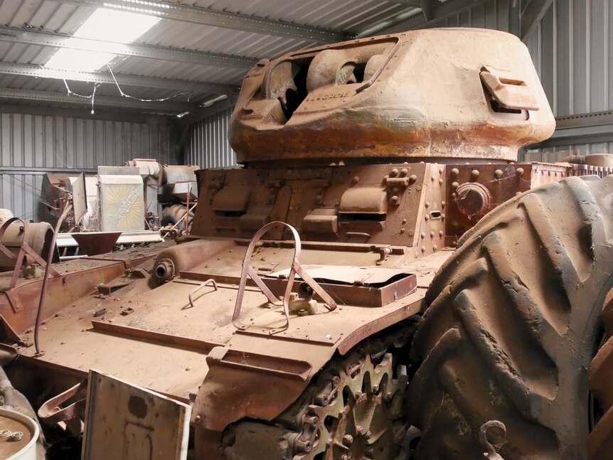 A brown military tank 