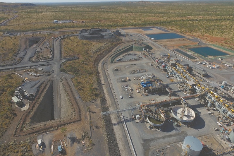 An aerial view of a mine in the outback.