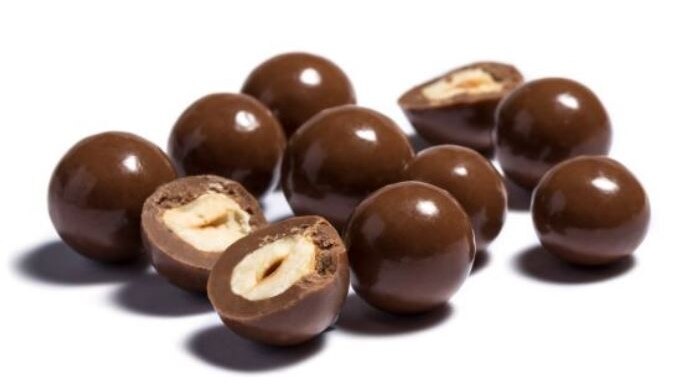 A close-up of Haigh's chocolate-coated hazelnuts