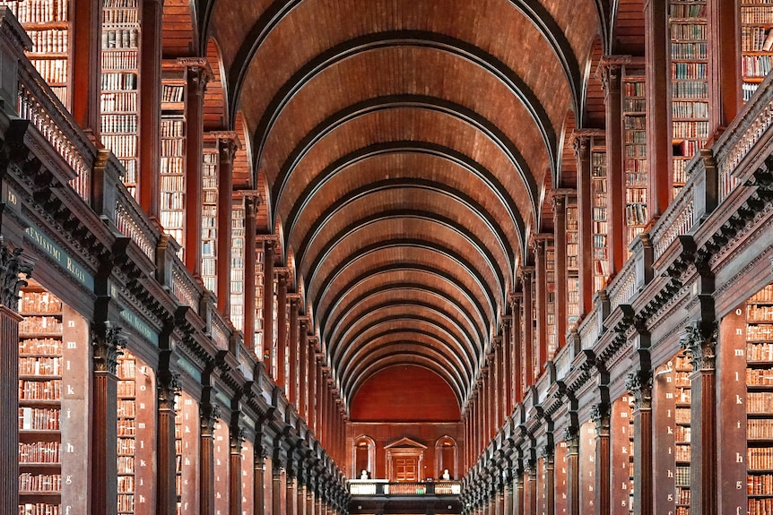 A library, built from timber in the 1700s, lined with old books and featuring a domed roof