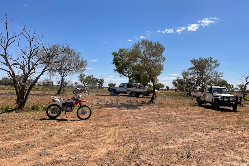 Motorbikes and utilities parked in outback landscape 