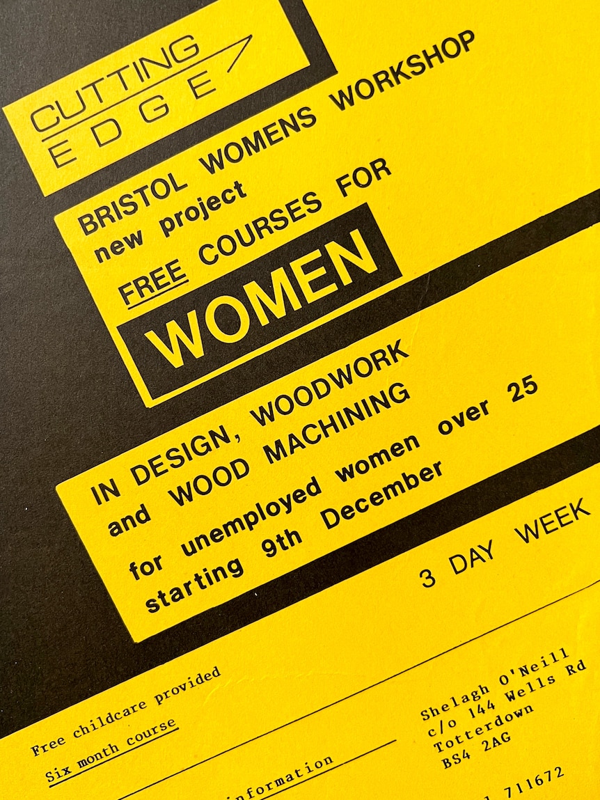An old black and yellow pamphlet advertising a free woodwork course for women.