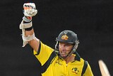 Aust batsman Michael Hussey with arm raised in victory after South Africa ODI